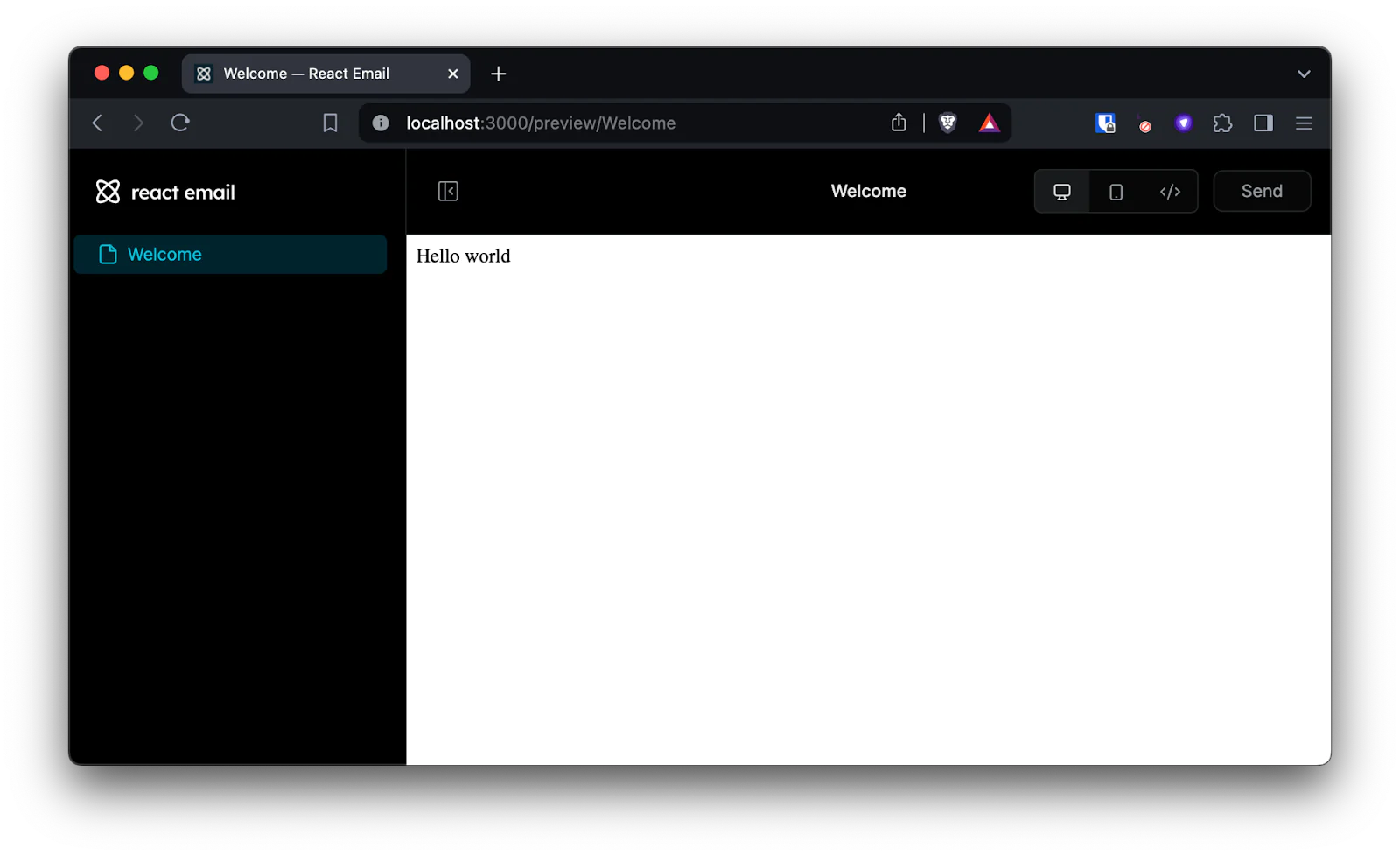 The email preview tool by React Email. On the left is a list of available emails. Along the top you can choose between desktop, mobile or code view. In the middle is the rendered email. The email preview tool by React Email. On the left is a list of available emails. Along the top you can choose between desktop, mobile or code view. In the middle is the rendered email.