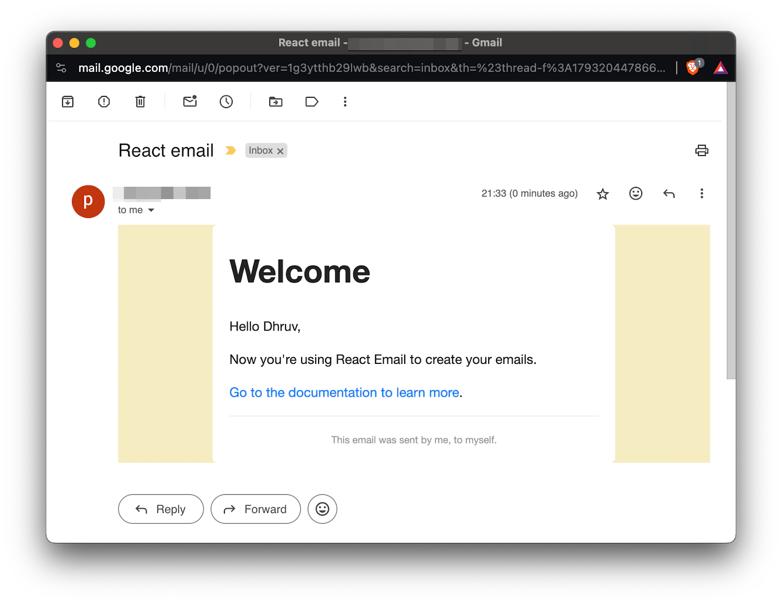A single email in Gmail. It has the same design as the email we've been working on. A single email in Gmail. It has the same design as the email we've been working on.