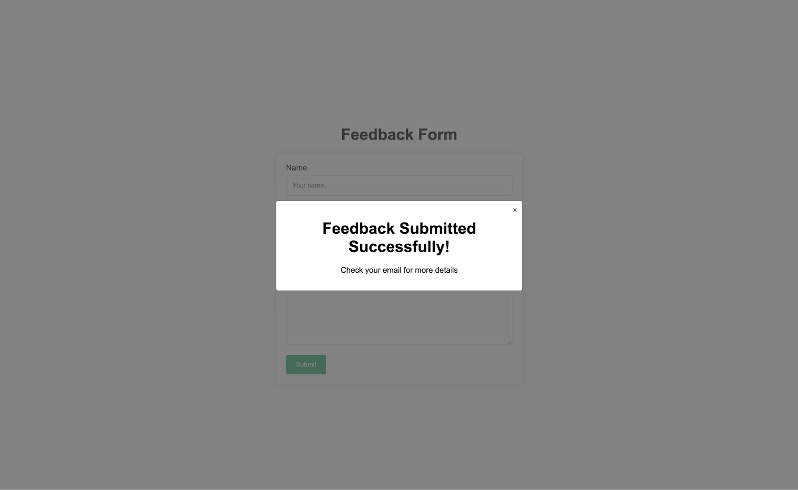 Feedback form success modal Feedback form success modal