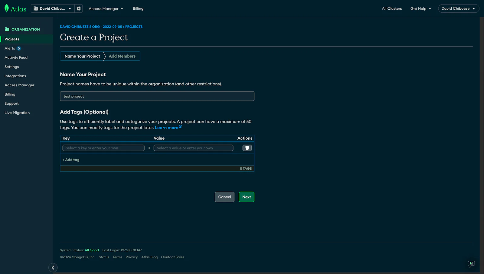 MongoDB create project page MongoDB create project page