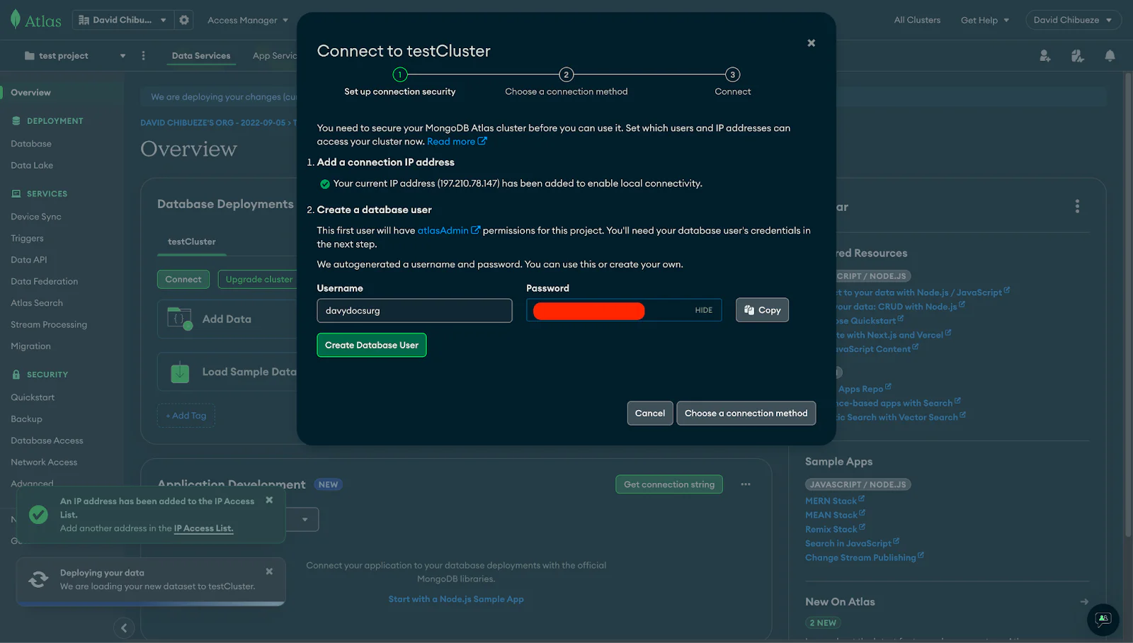 MongoDB connection security setup modal MongoDB connection security setup modal