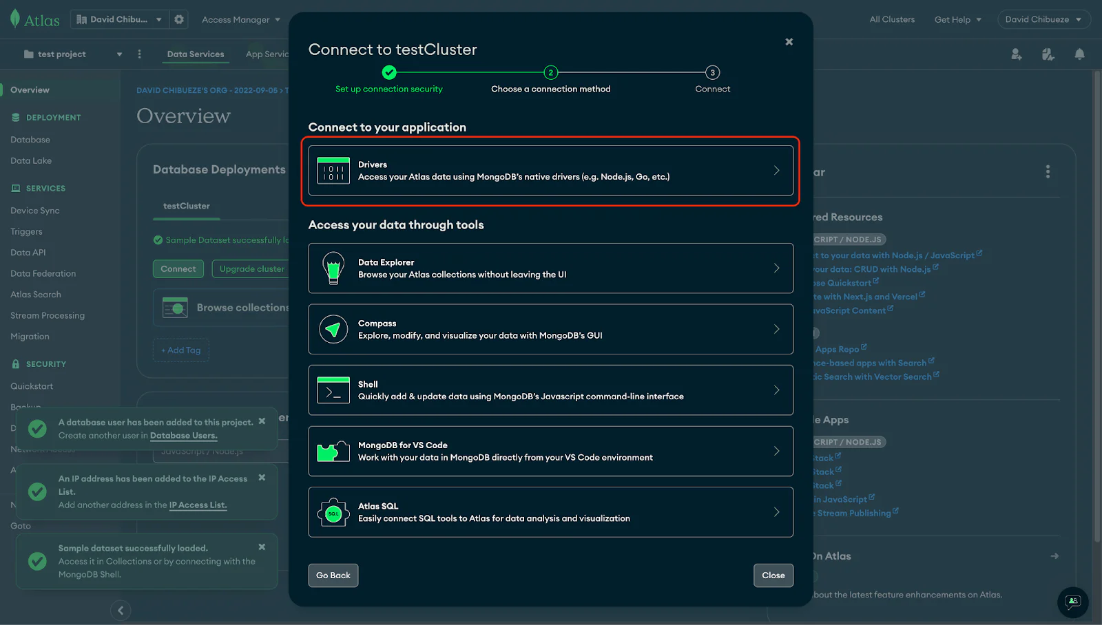 MongoDB choose connection method modal MongoDB choose connection method modal