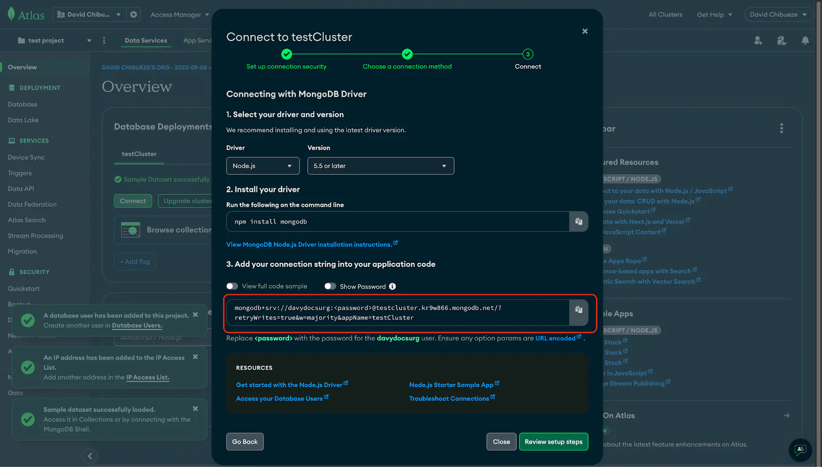 copy MongoDB URI modal copy MongoDB URI modal