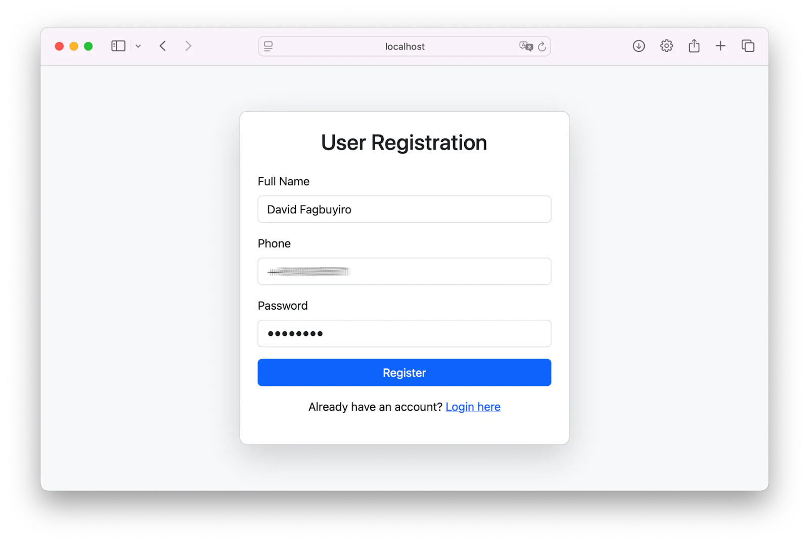 User registration form on a web page with fields for full name, phone, and password, and a register button.