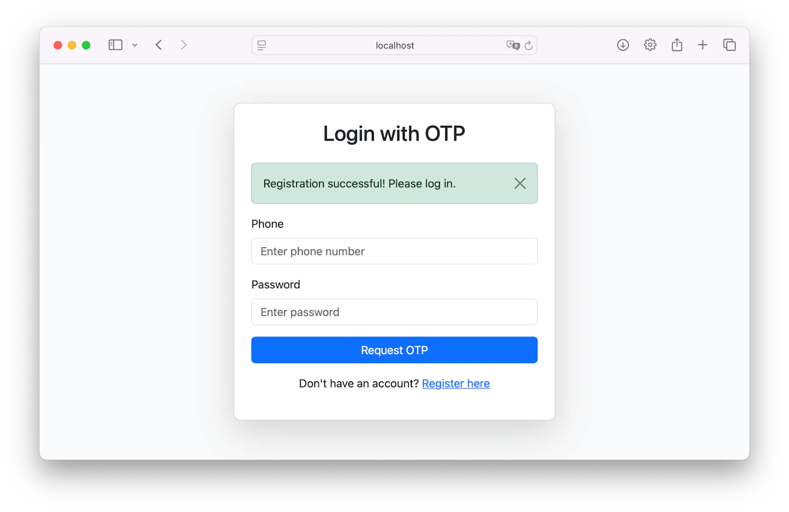 Login screen with OTP option, phone and password fields, and a registration success message.