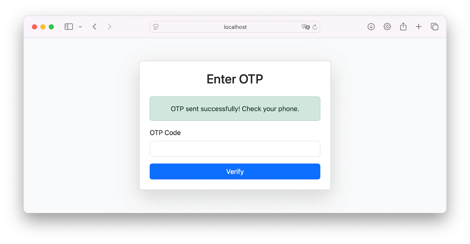 Web page prompting user to enter OTP code with a successful OTP sent message and a Verify button.