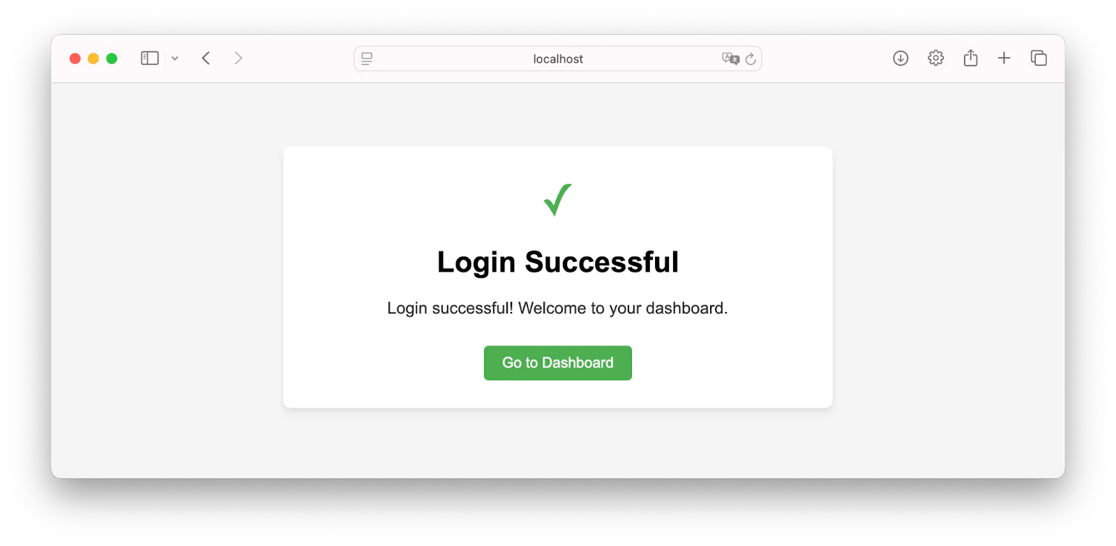 Web browser displaying a Login Successful message with a green checkmark and a button labeled Go to Dashboard.