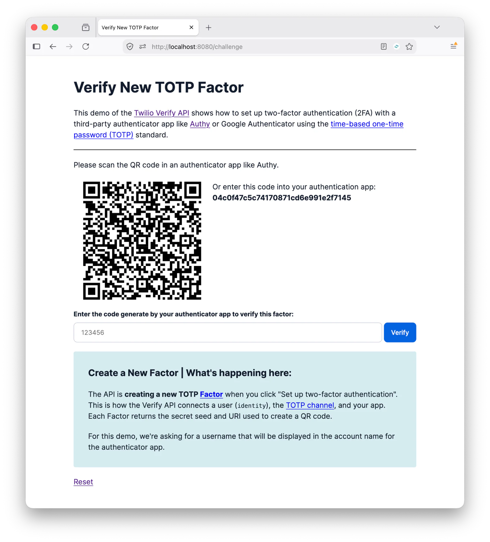Webpage showing instructions for setting up new TOTP factor, with QR code, input field, and steps to follow.