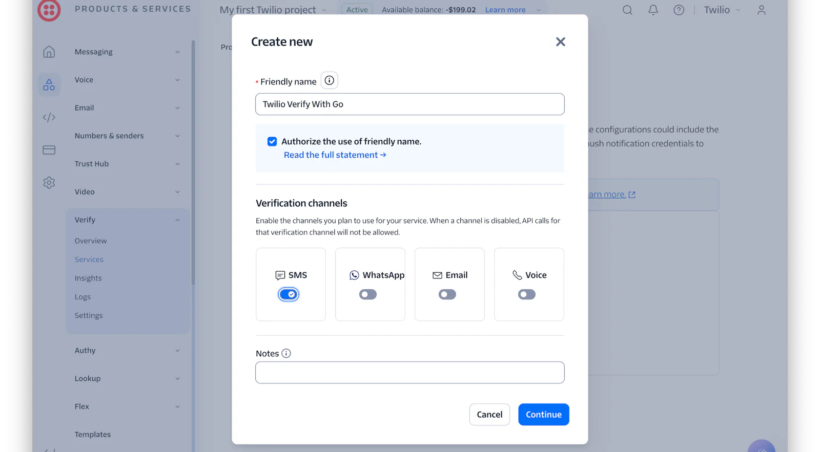 Form to create a new Twilio project with options for verification via SMS, WhatsApp, Email, or Voice.