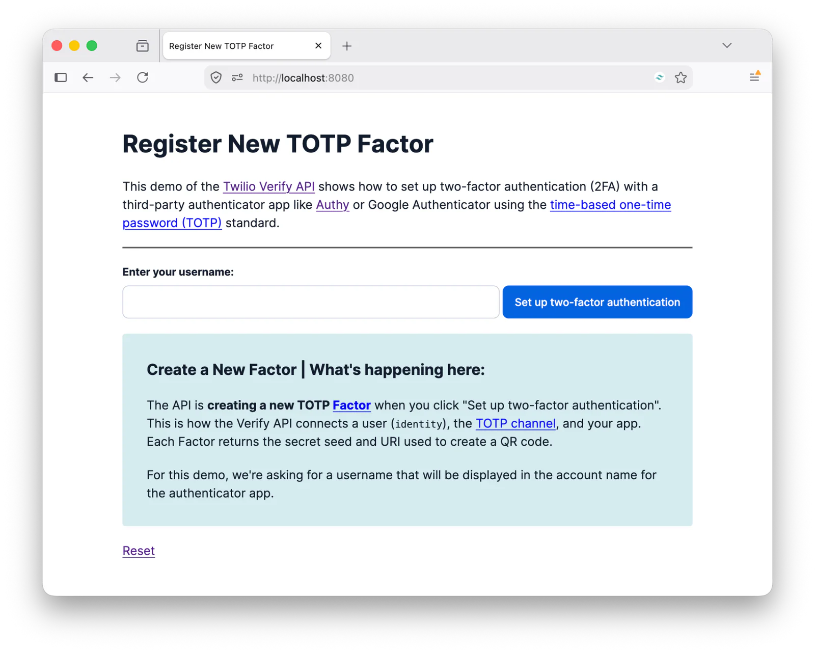 Webpage to set up two-factor authentication with Twilio Verify API using a username and TOTP factor.
