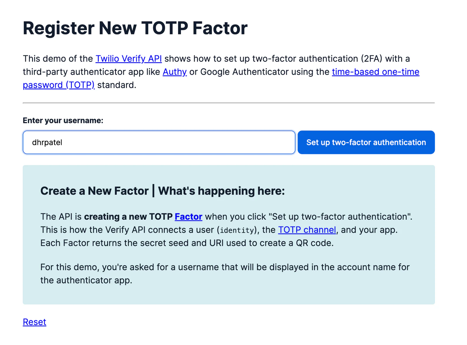 Screenshot of a form to register a new TOTP factor using Twilio Verify API, with input for username 'dhrpatel'.