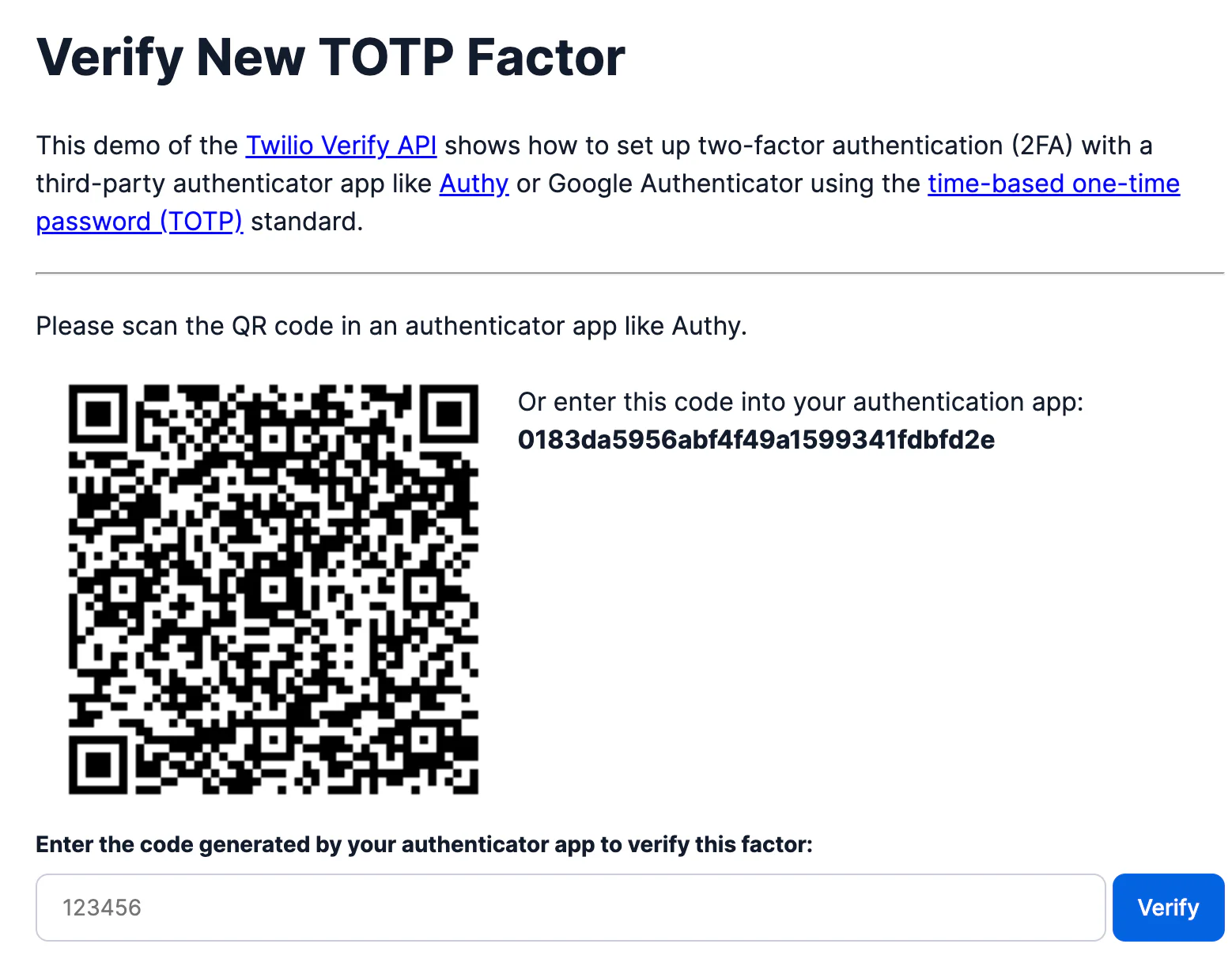 QR code for setting up 2FA with input box for authentication code and a verification button.