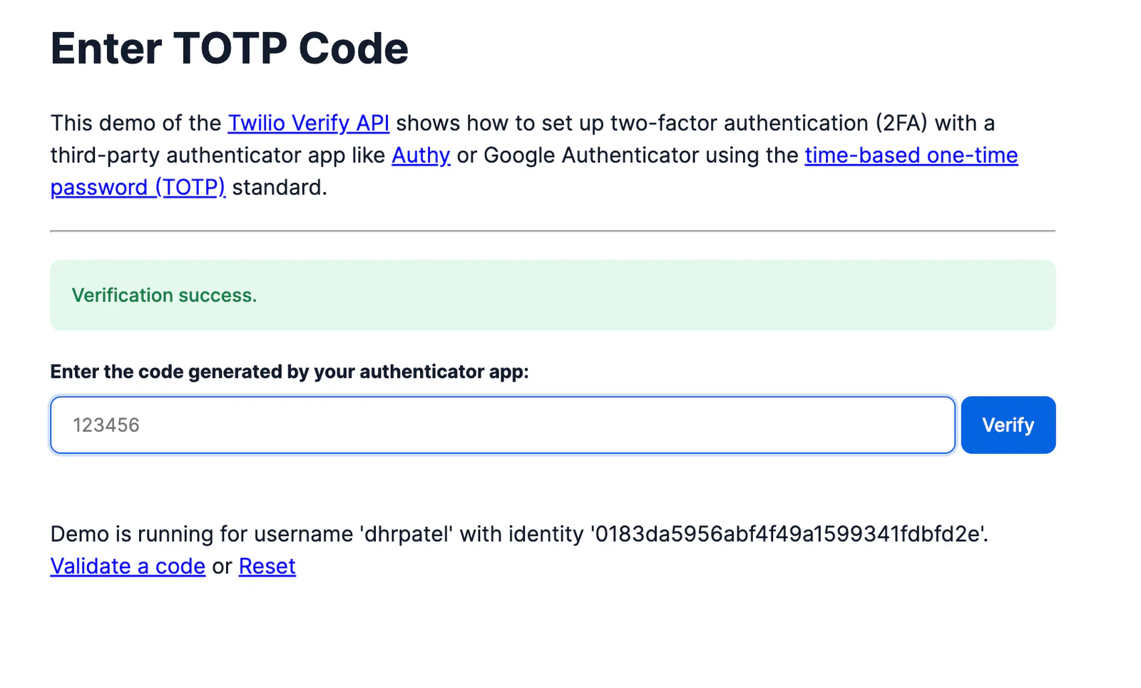 Verification success message with TOTP code input for two-factor authentication setup using Twilio Verify API.