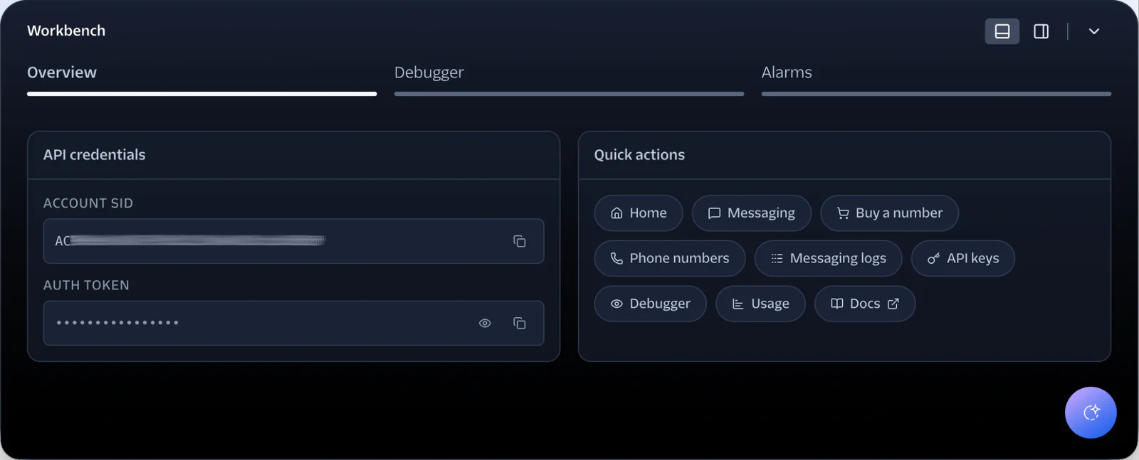Dark-themed Twilio workbench dashboard showing API credentials, quick actions, and different tabs.