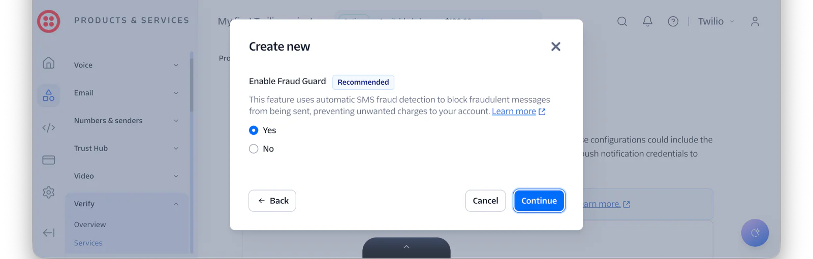Twilio popup window configuring SMS Fraud Guard with yes or no option
