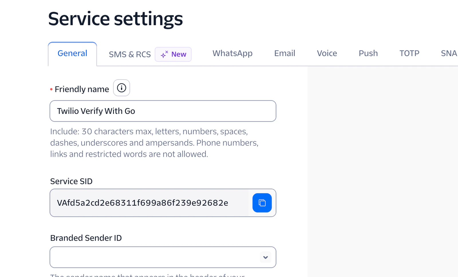 Screenshot of Twilio service settings page showing options for Friendly Name, Service SID, and Branded Sender ID.