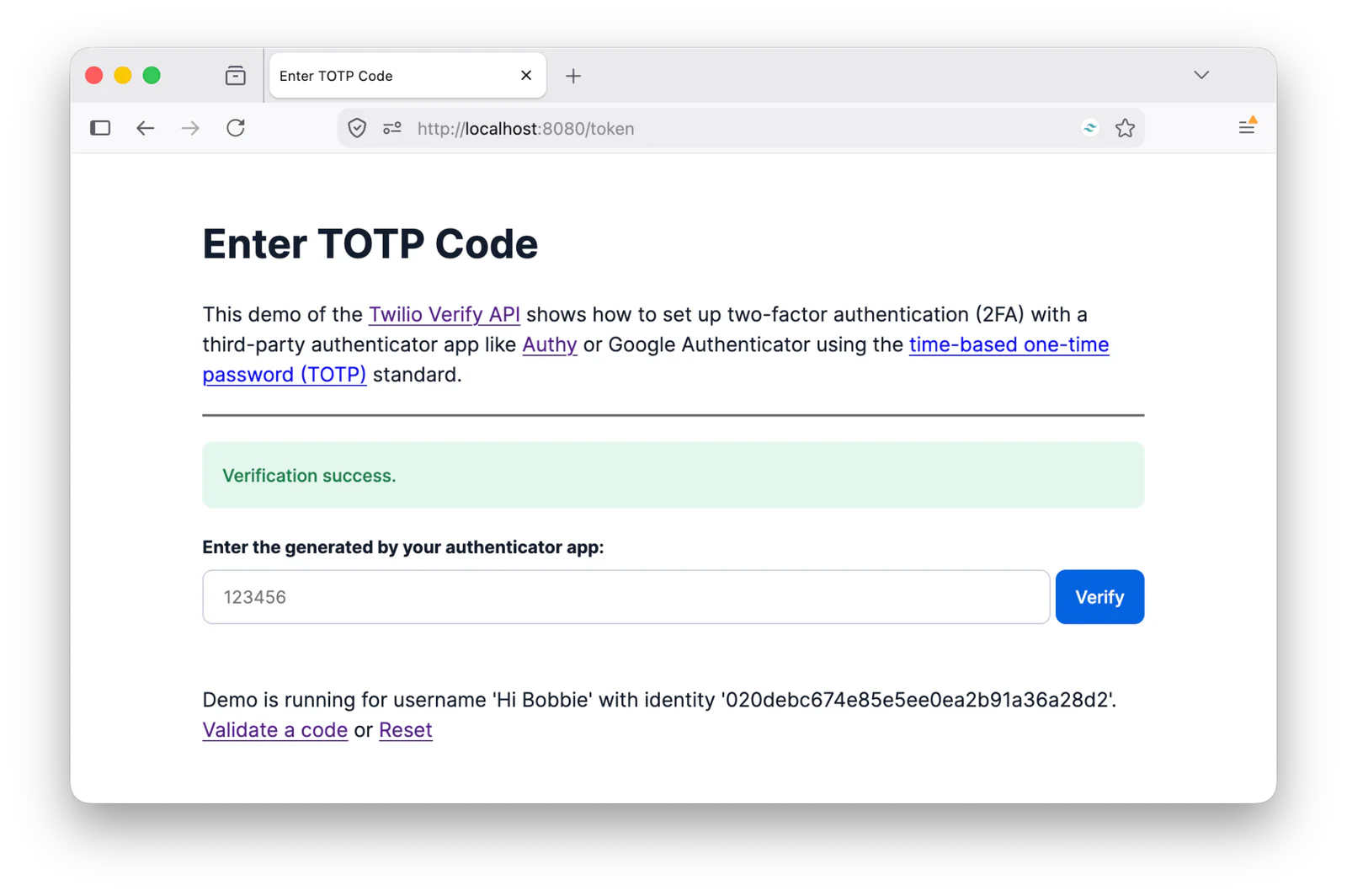 Webpage showing a field to enter TOTP code for 2FA verification with a Verification success message