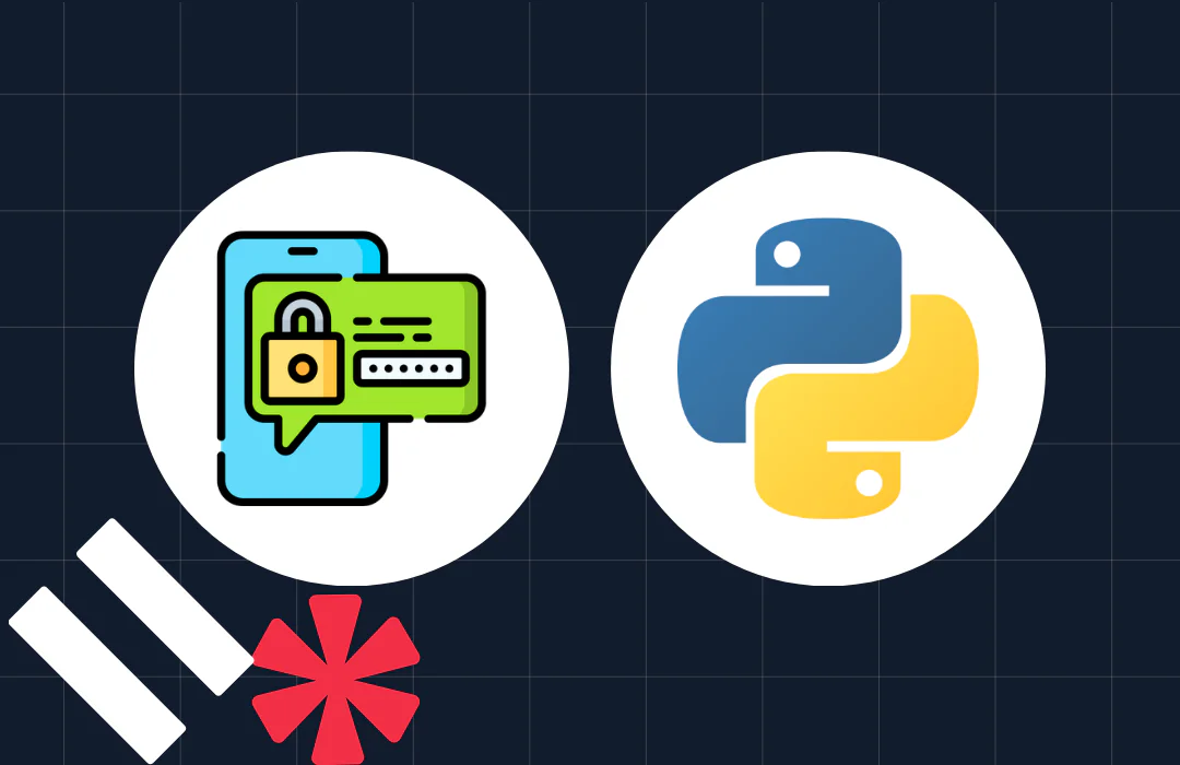 Icons of cybersecurity on a phone and Python logo on a dark grid background with decorative elements.