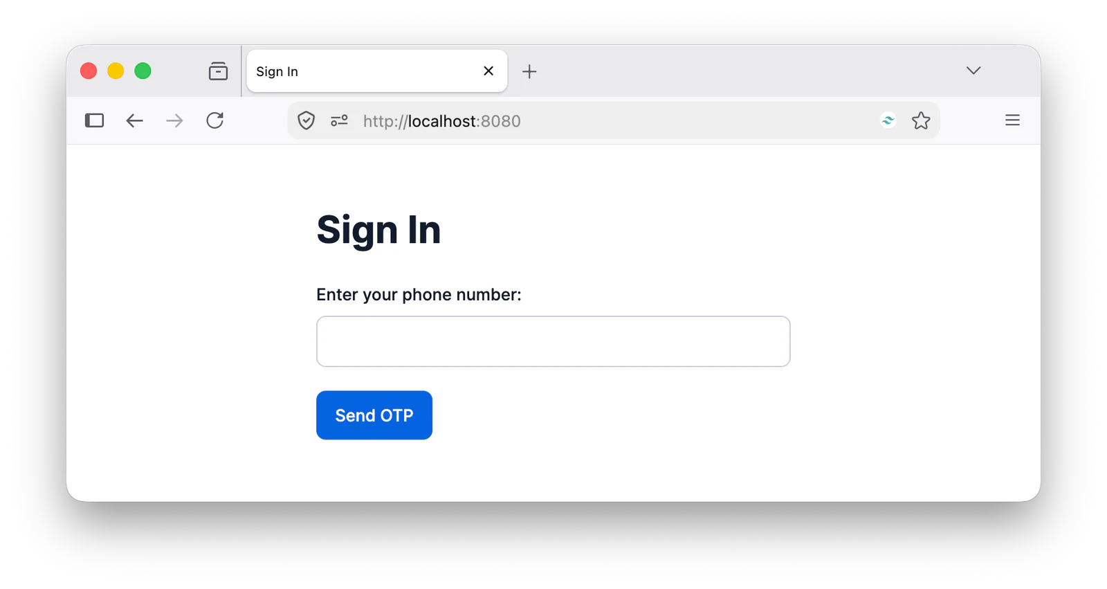 Login page prompting user to enter phone number and click Send OTP button.