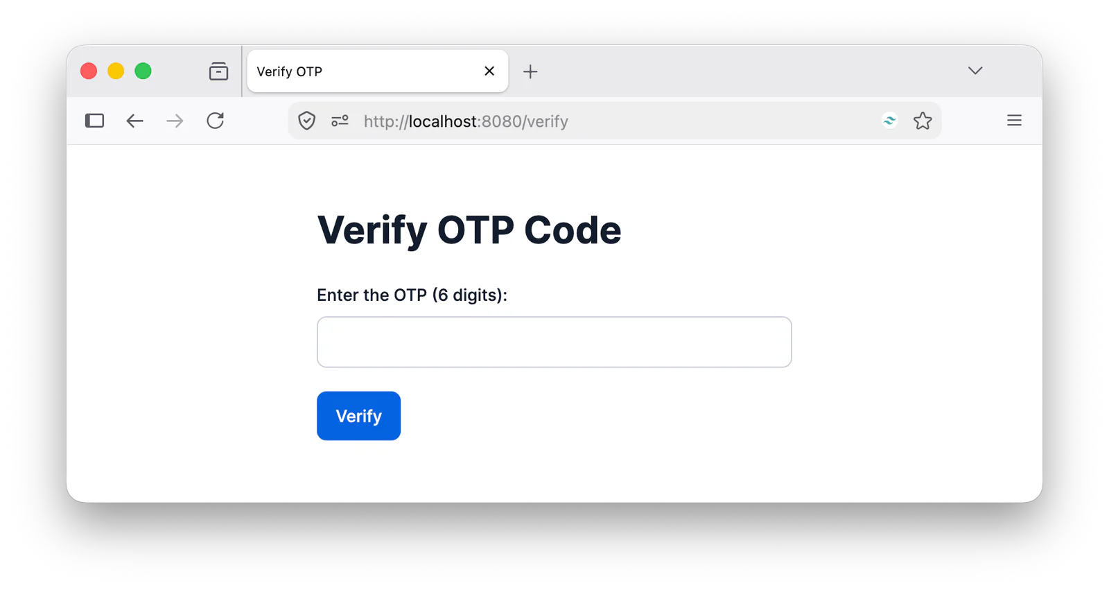 A web page displaying an OTP verification form with a field to enter a 6-digit OTP code and a Verify button.