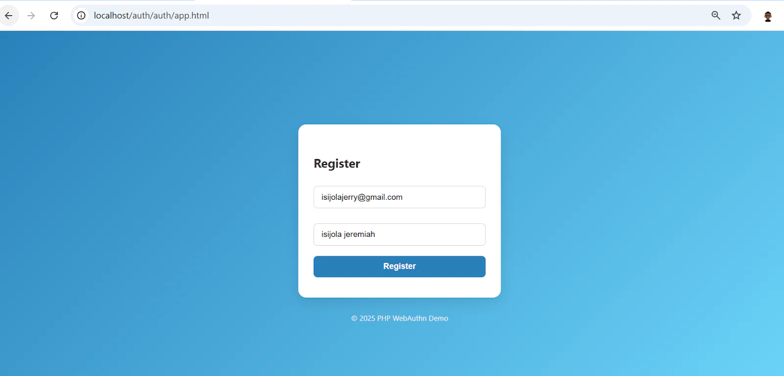 Web application's registration form with fields for email and full name, and a Register button on a blue background.