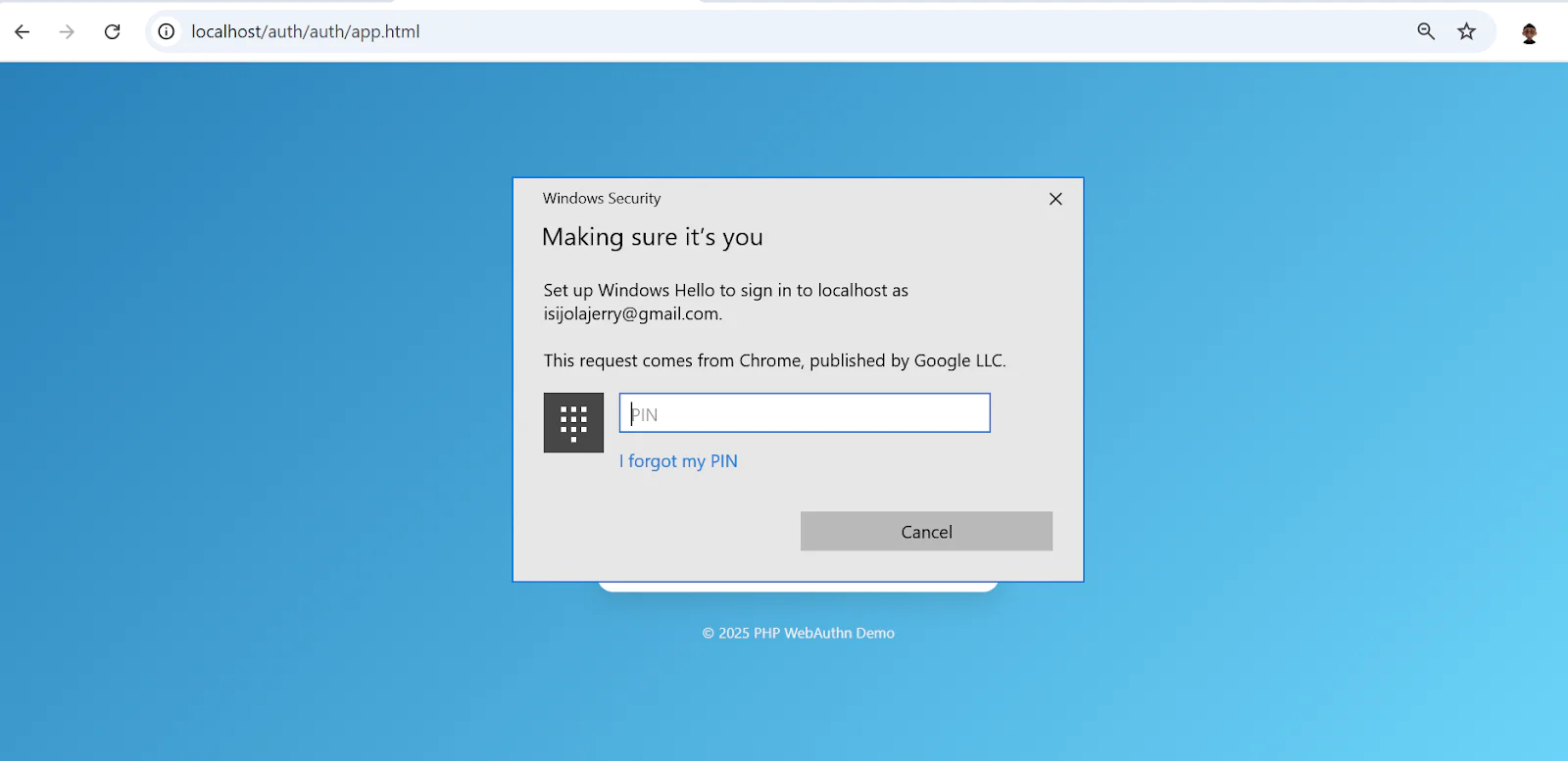 Windows Security dialog box prompting user to enter PIN for authentication on a webpage.
