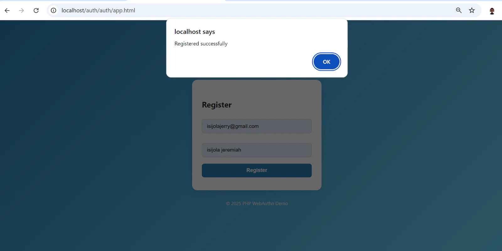 A webpage shows a registration success notification pop-up with a form containing email and name fields.