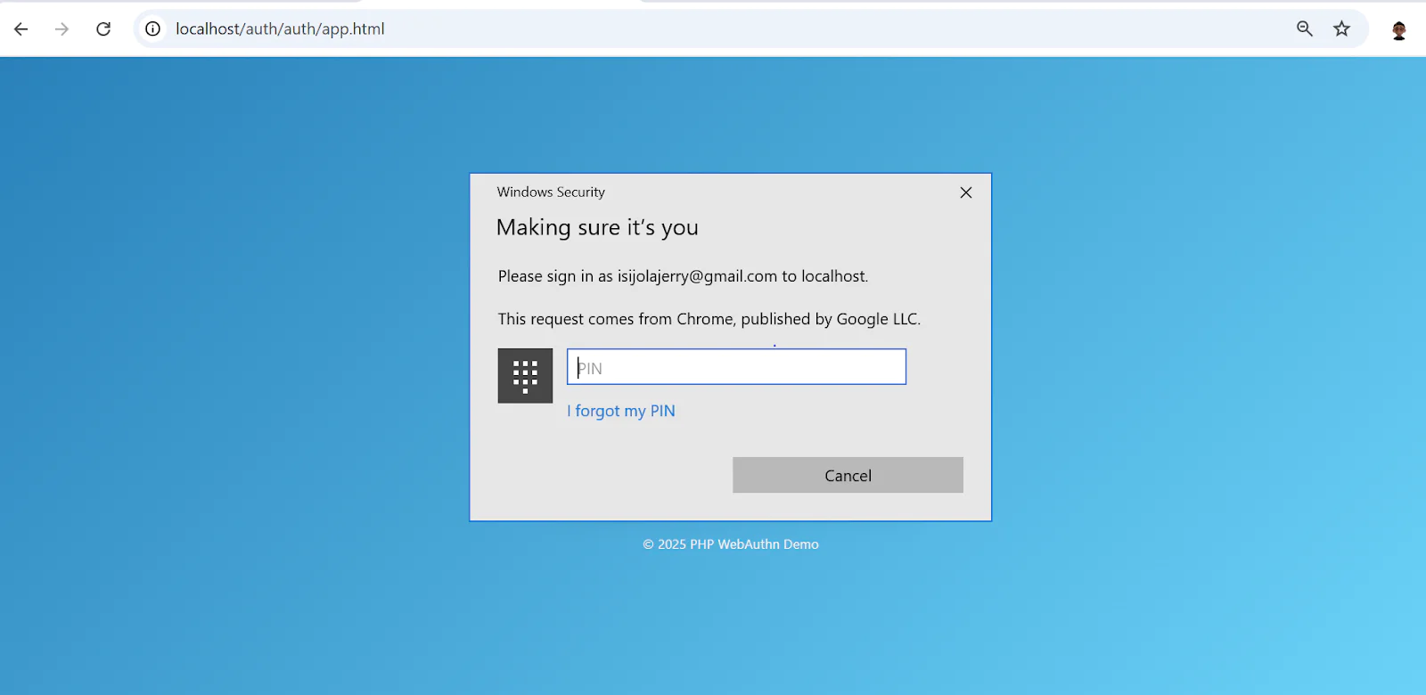 Windows security prompt asking for PIN to verify identity on localhost webpage.