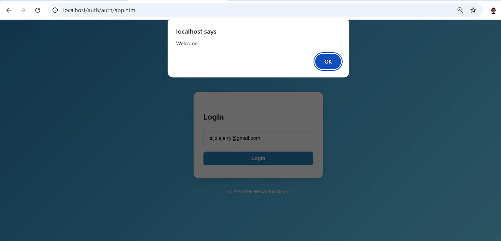 Web page displaying a welcome message and login form with email input and login button.