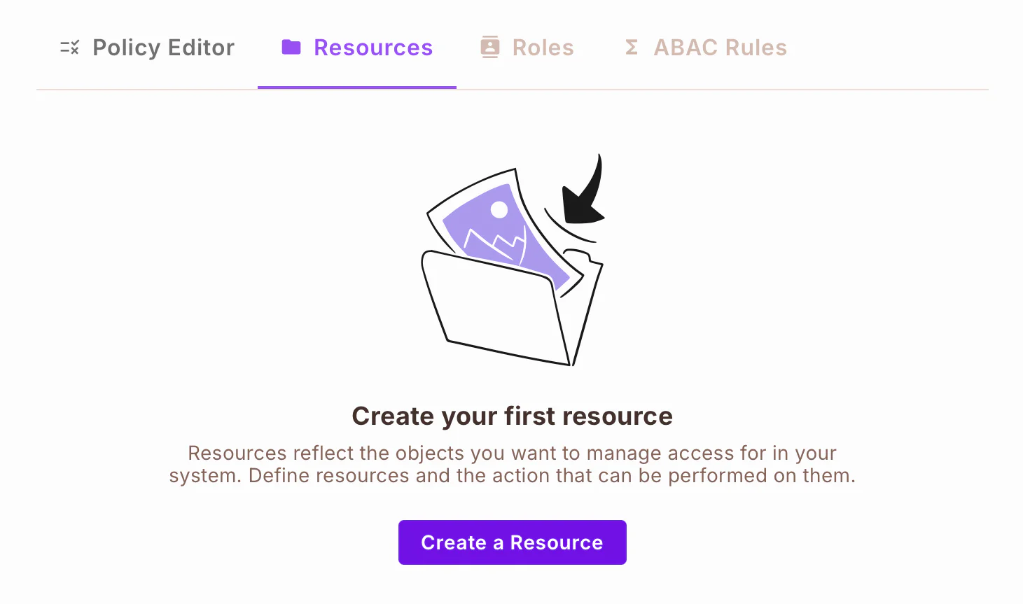 Illustration of a file with an icon and text Create your first resource and a button Create a Resource.