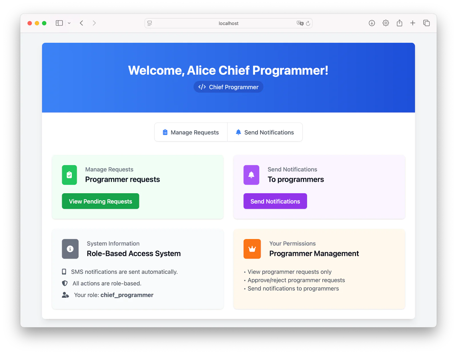 Dashboard with sections for managing requests, sending notifications, accessing system information, and permissions.