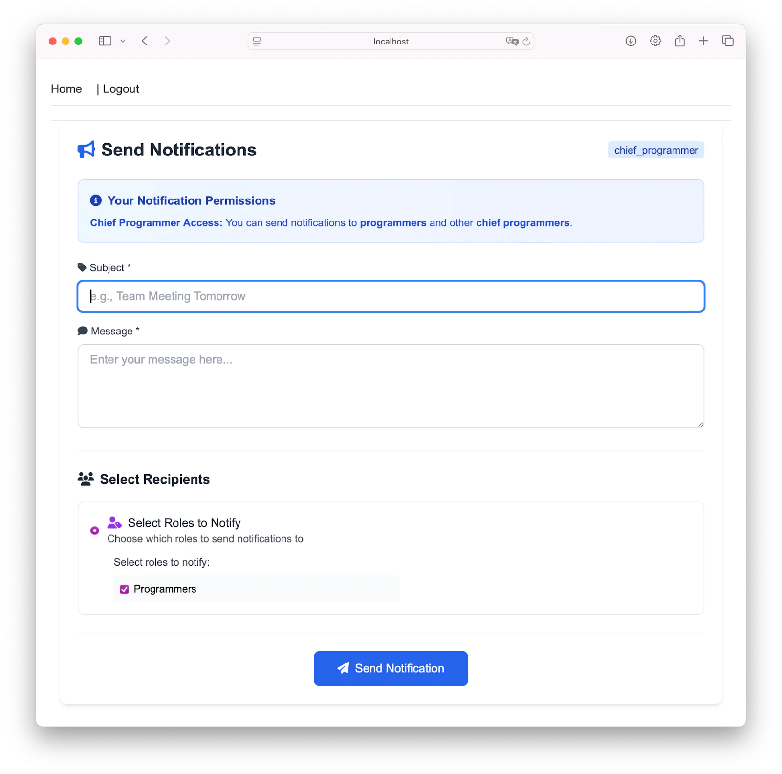 Screenshot of a web page for sending notifications, featuring fields for subject, message, and recipient selection.
