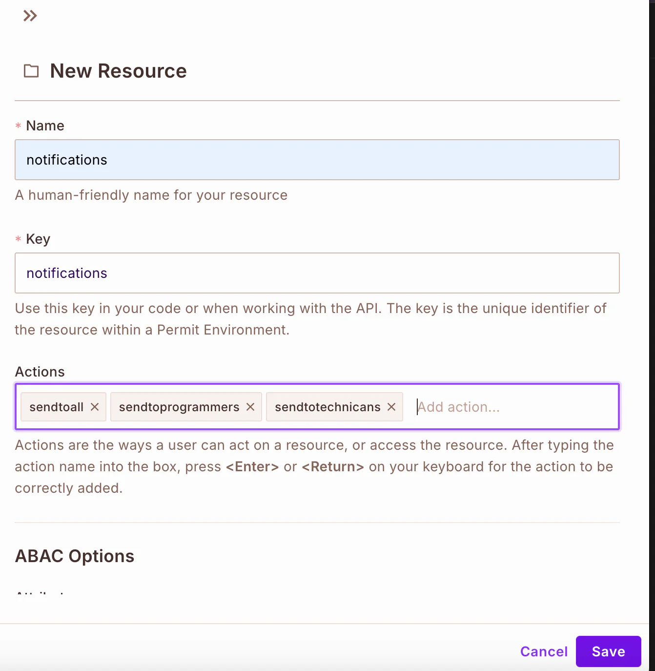 Interface for creating a new resource named notifications with options to add actions like sendtoall and sendtoprogrammers.