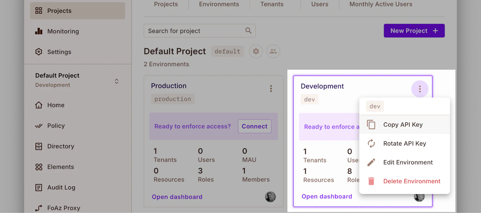 Dashboard showing project environments with options to copy, rotate API key, or delete the development environment.