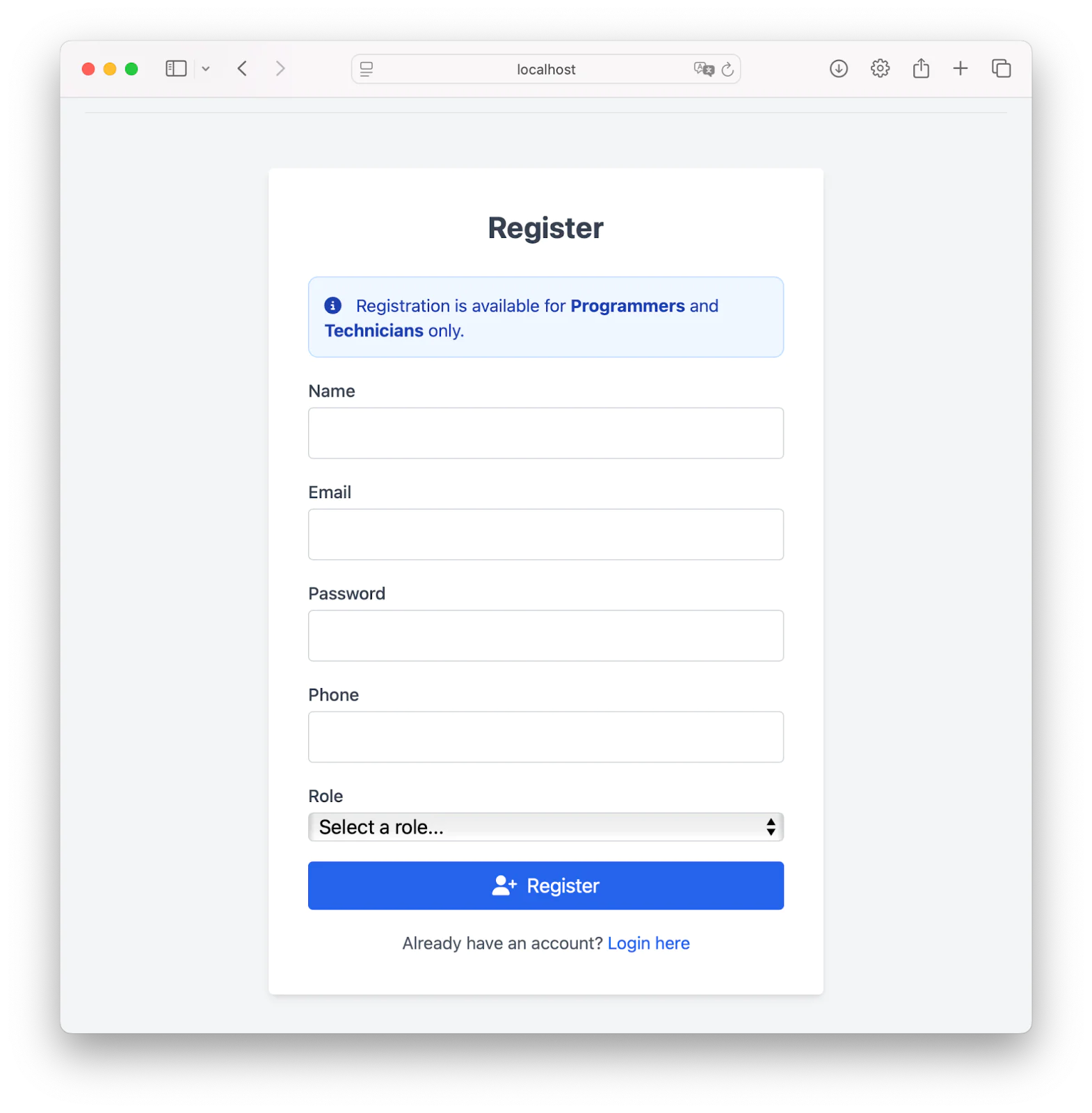 Registration form interface for programmers and technicians with fields for name, email, password, and phone.