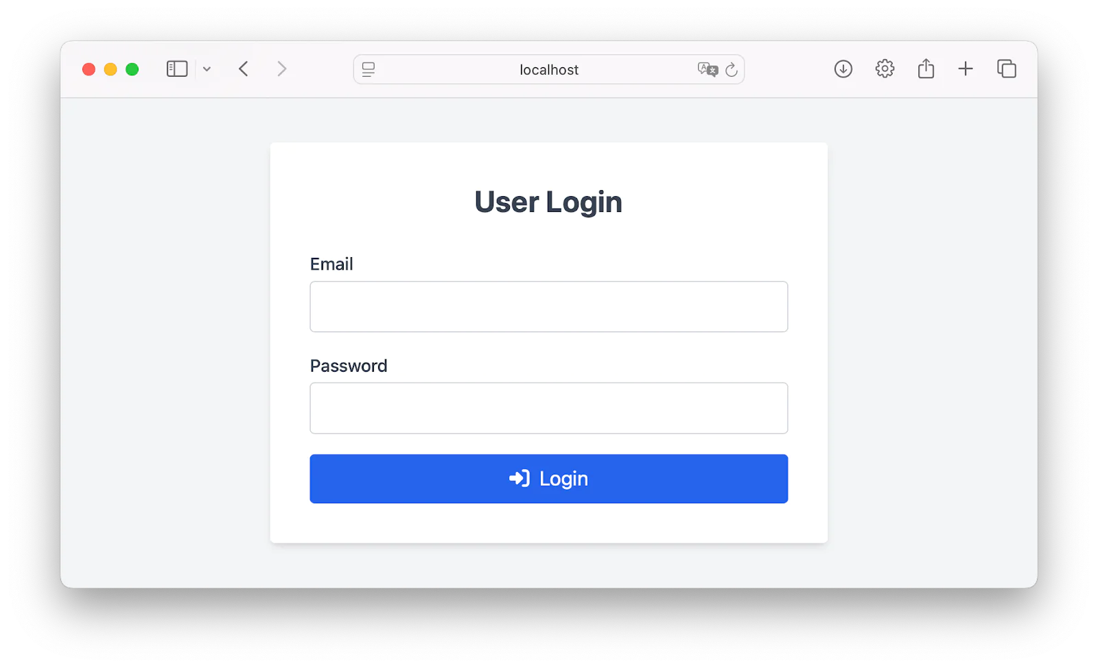 User login form with fields for email and password and a blue login button.