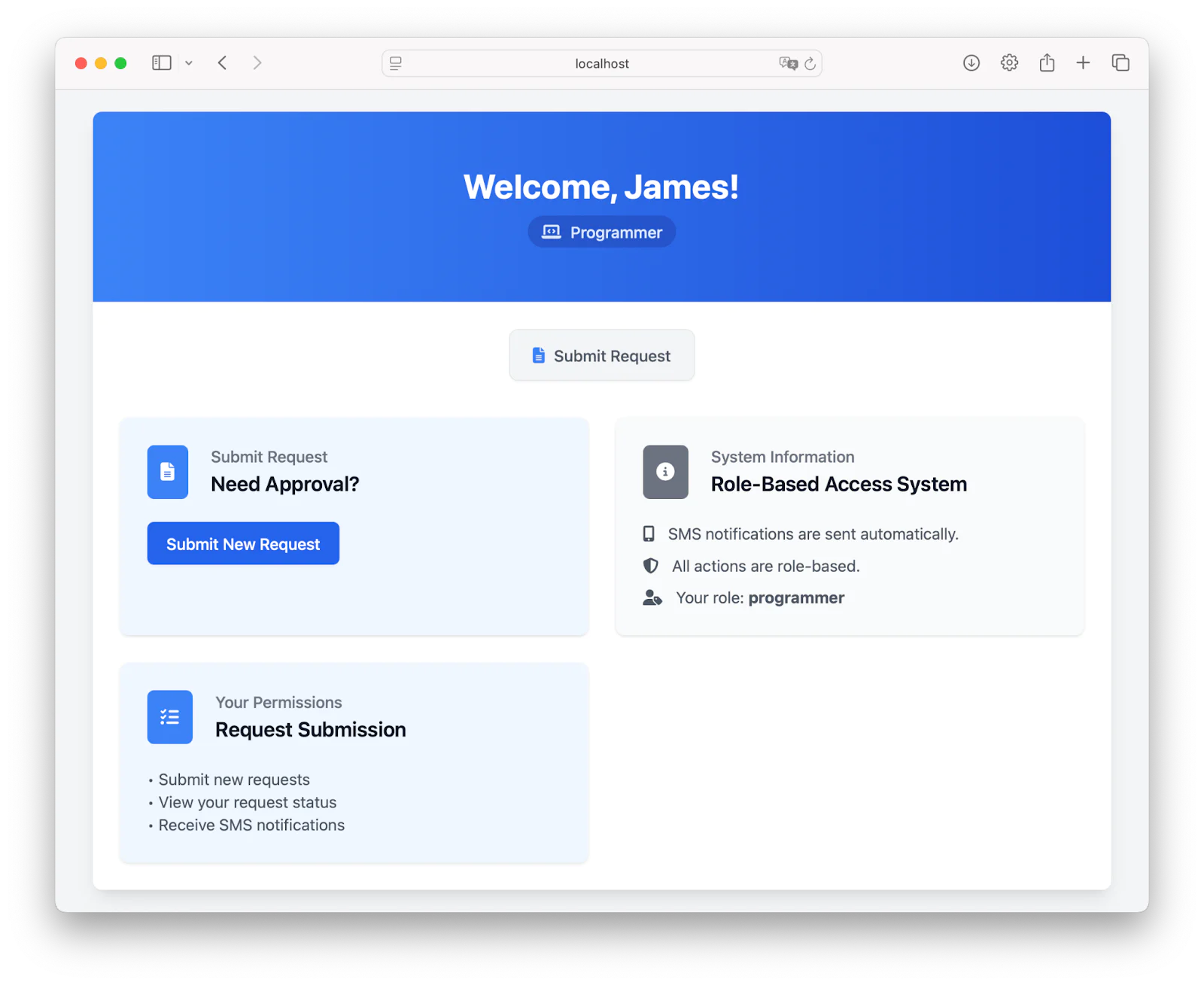Welcome screen showing user’s dashboard with options to submit requests and view system information.