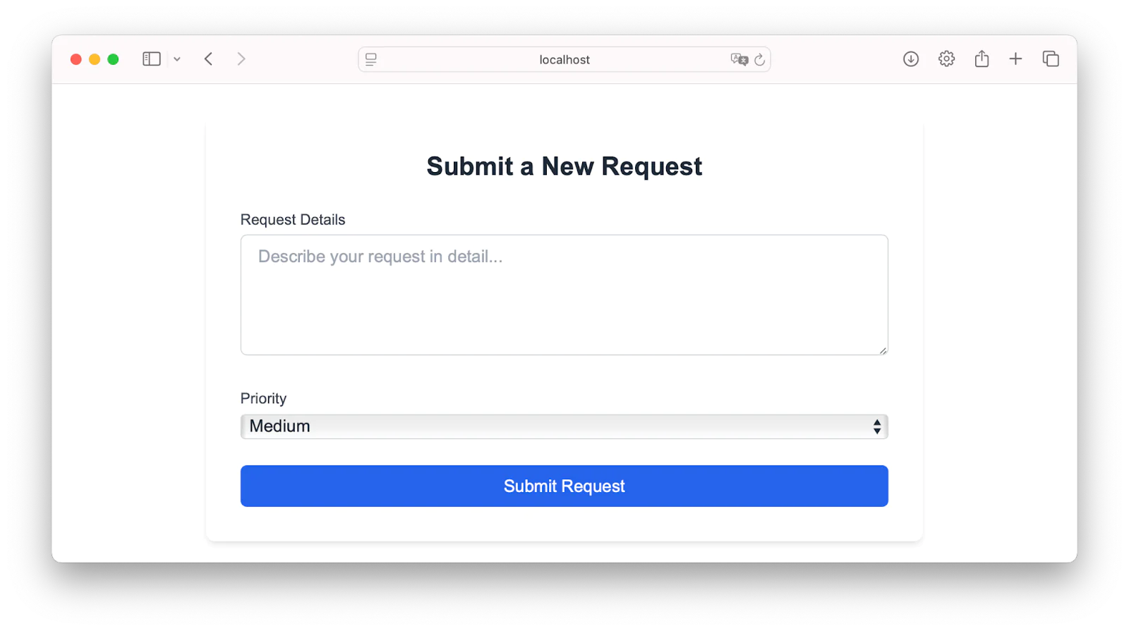 Online form with fields for request details, priority selection, and a submit button