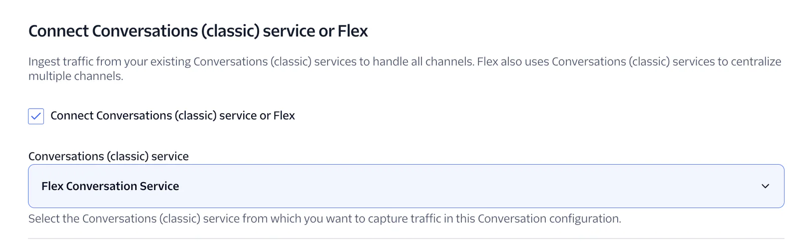 Conversation Orchestrator configuration with Flex Conversation Service selected.