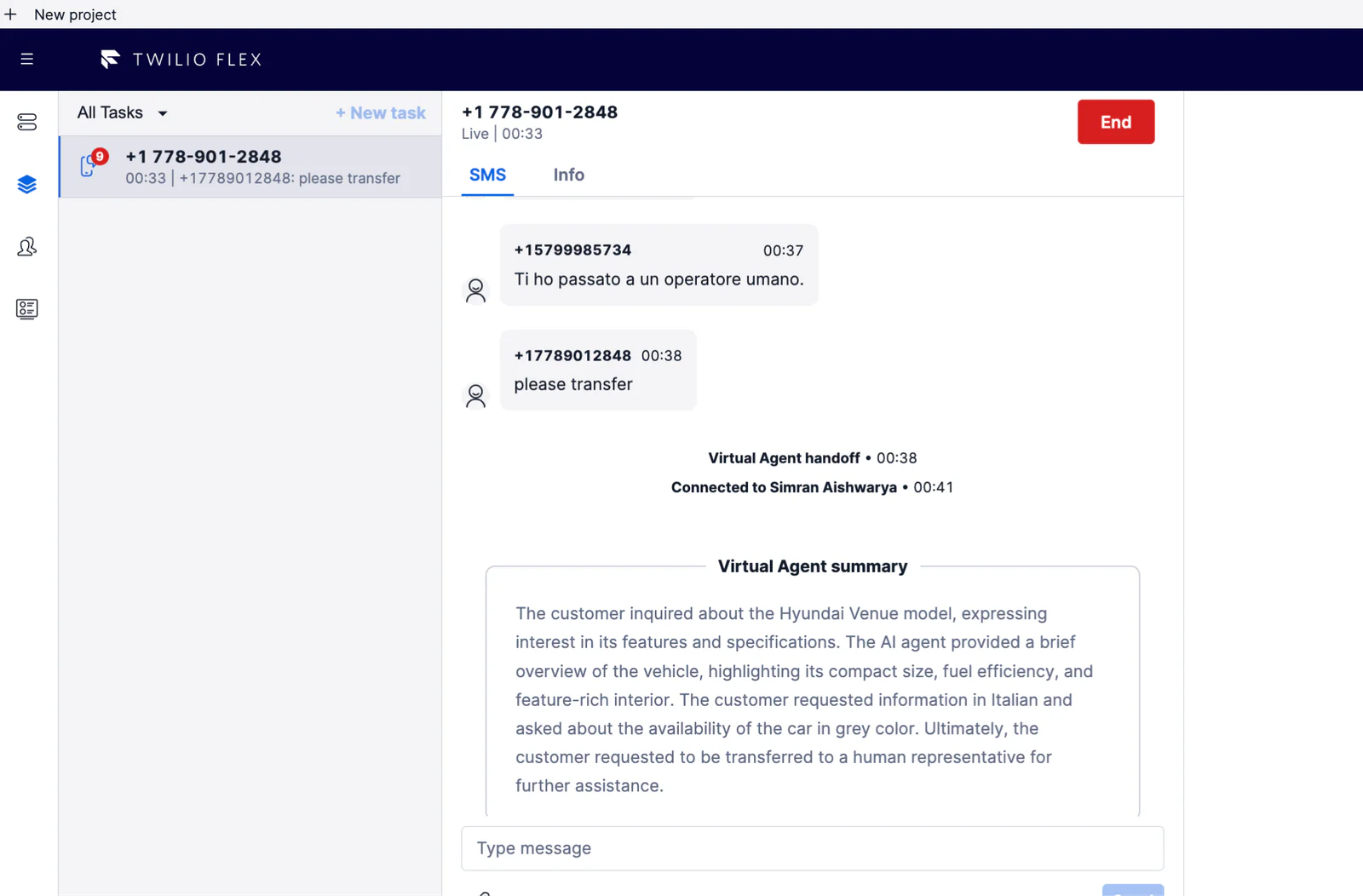Flex agent receiving the handoff task in the Flex UI.