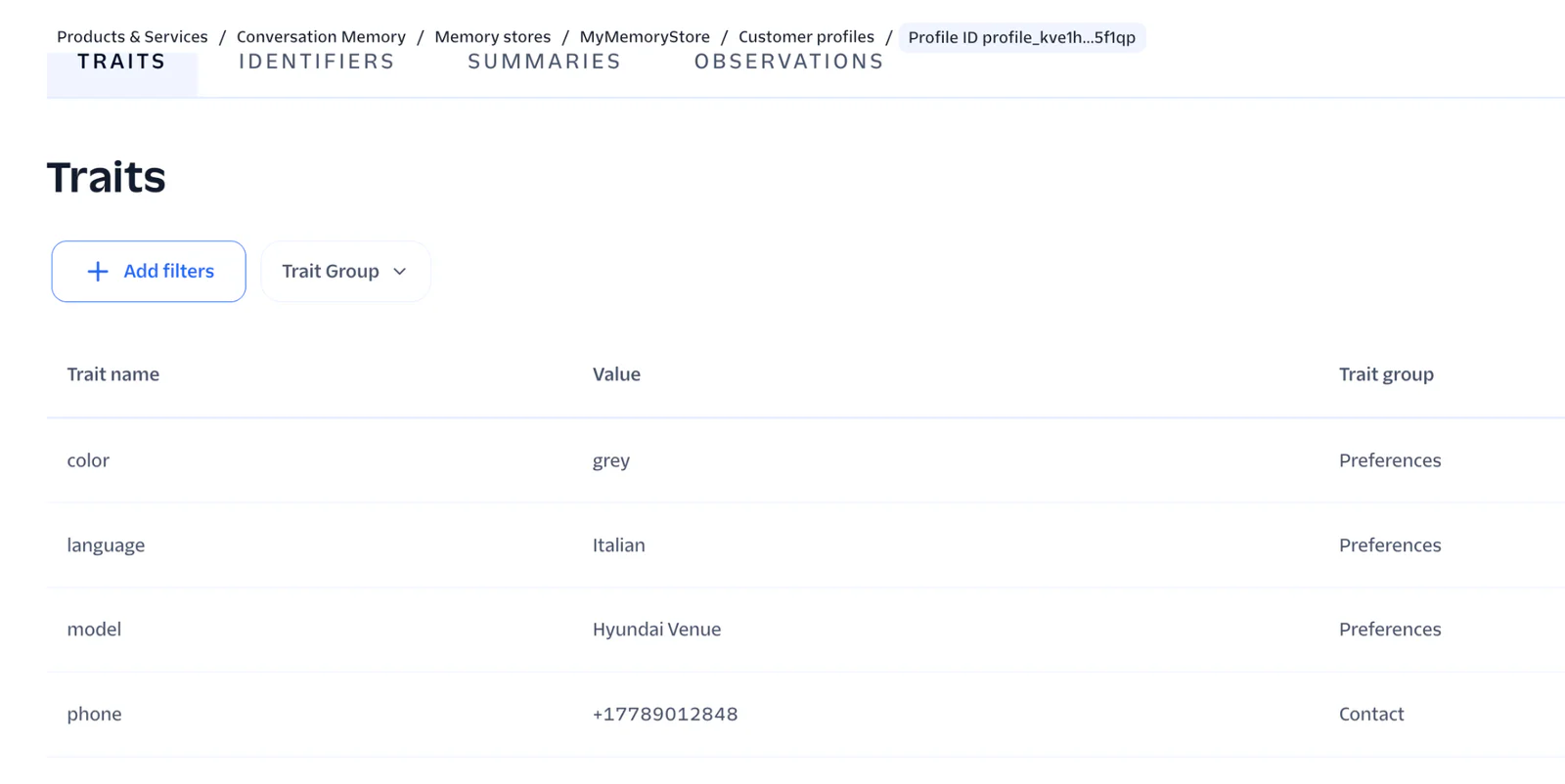 Customer profile in Conversation Memory showing extracted preferences (color: grey, model: Model X).