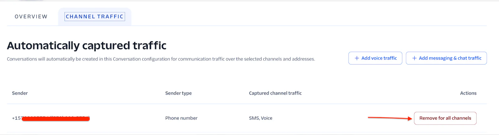 Channel Traffic settings with the phone number removed from automatically captured channels.