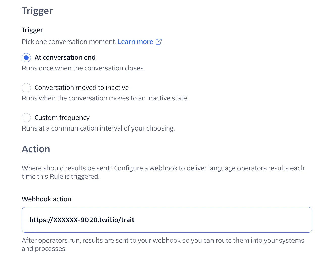 Two Intelligence rules configured under the Conversation Intelligence service.