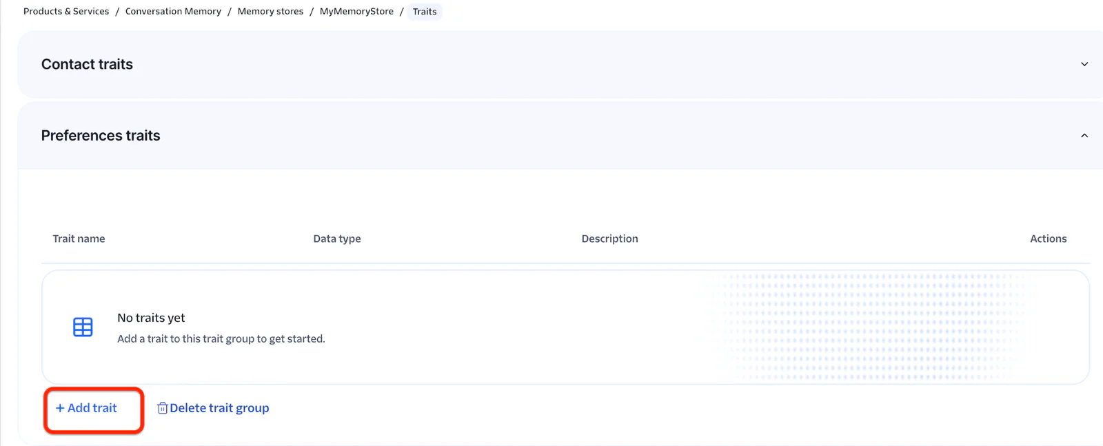Add trait dialog for the Preferences group.
