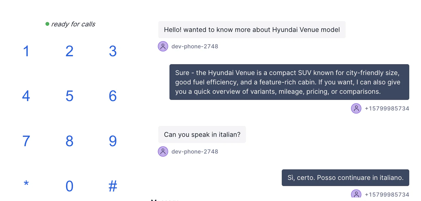 SMS conversation with the AI assistant leading into a human handoff request.