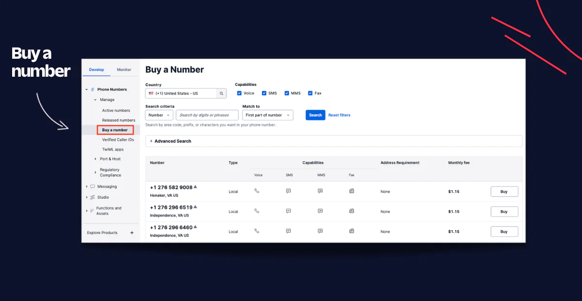 Buy a phone number with Twilio