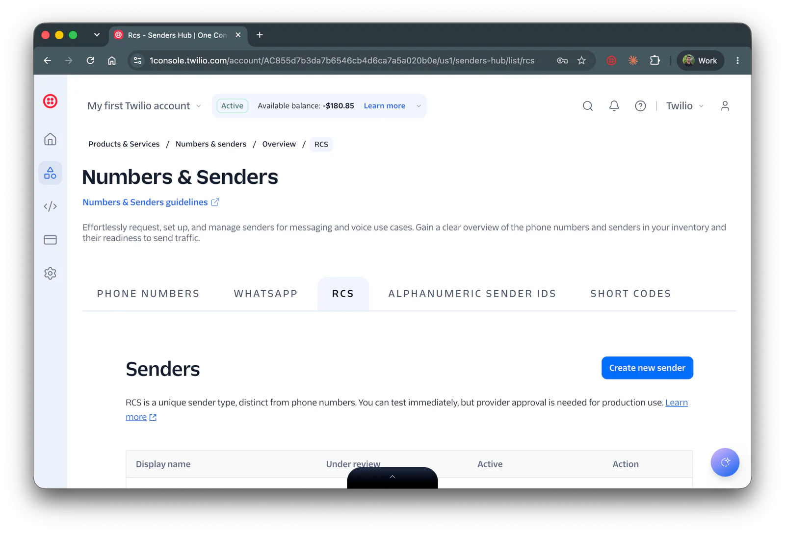 Screenshot of Twilio Numbers & Senders page, focusing on the RCS section with options to create and manage senders.