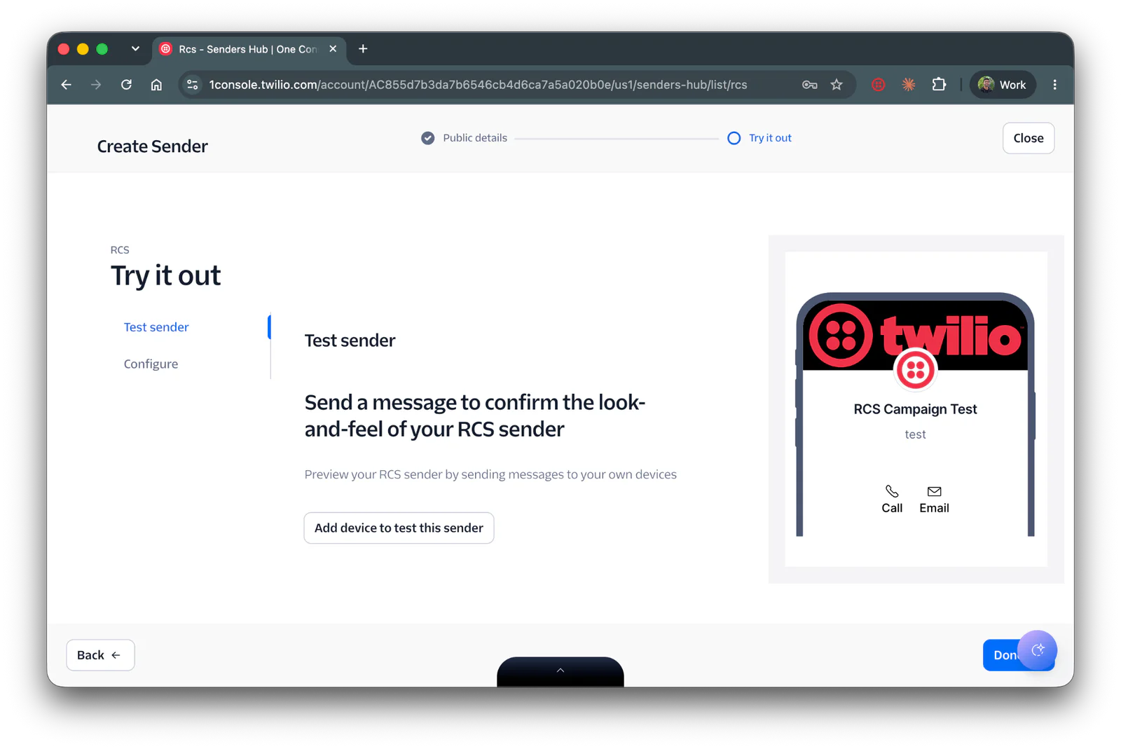 Twilio interface to create an RCS sender with options to test message and configure settings.