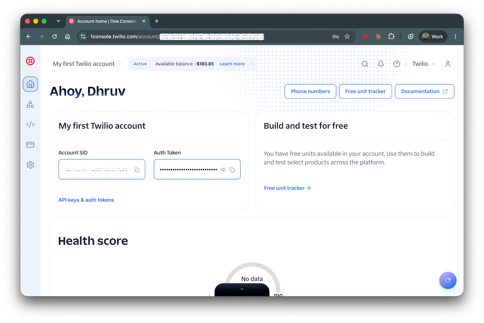 Front page of the Twilio Console showing the Account Info section with the Account SID and Auth Token.