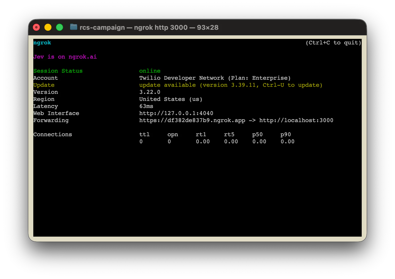  Terminal output from ngrok showing the public forwarding URL pointing to localhost port 3000.  